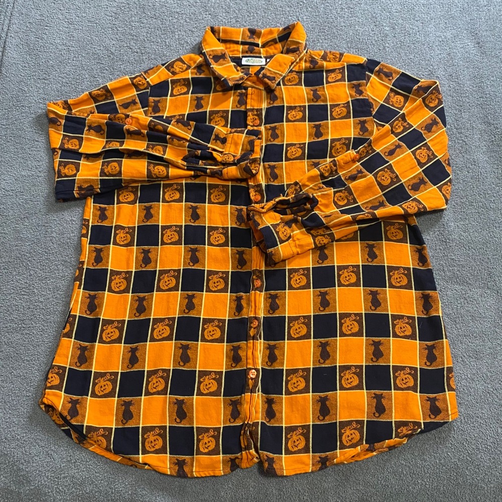 Collections Etc Halloween Shirt Womens XL Orange Black Cat Pumpkin Button Down - Picture 2 of 7